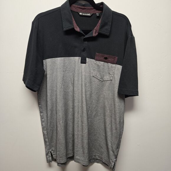 Travis Mathew Polo Shirt Mens Large Gray Golf Tech Stripe Color Block Black Logo - Picture 1 of 9